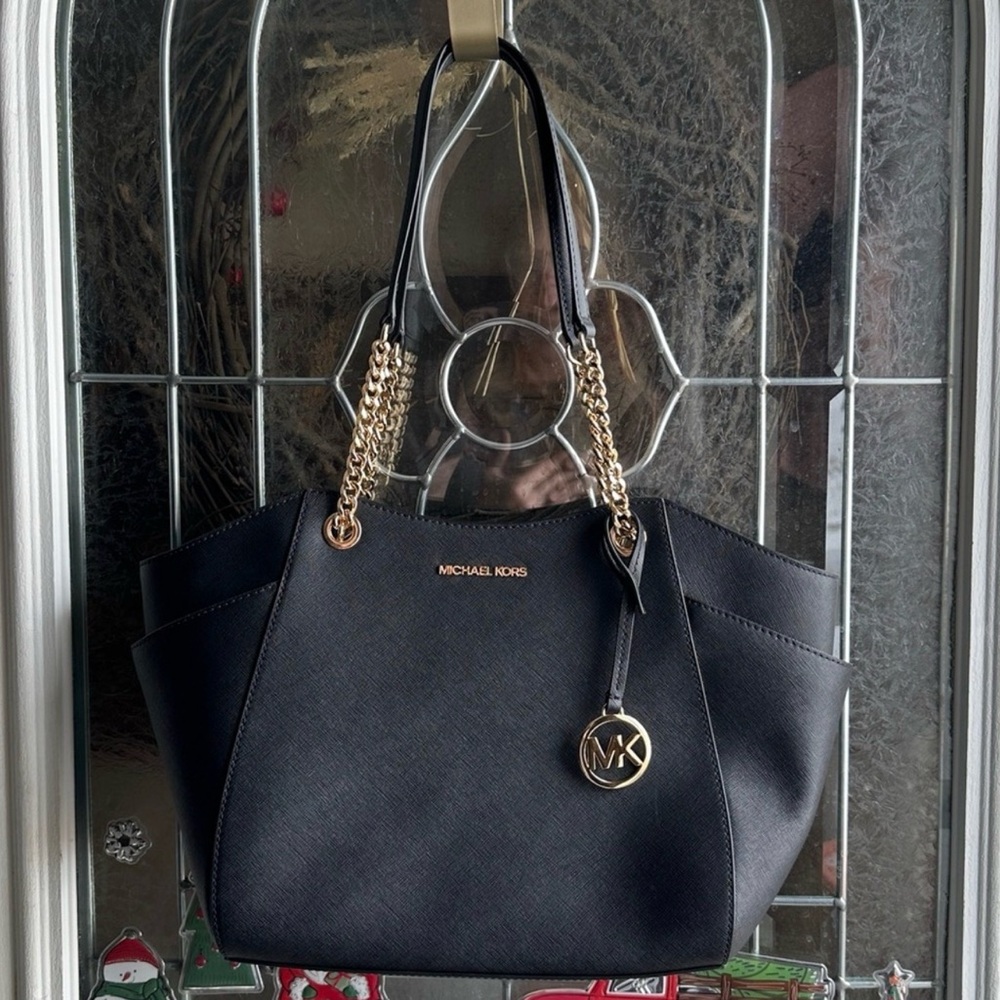 Michael Kors Black Shoulder Bag w/Gold Accents/ Jet Set Tote MK, Authentic New - Picture 8 of 8